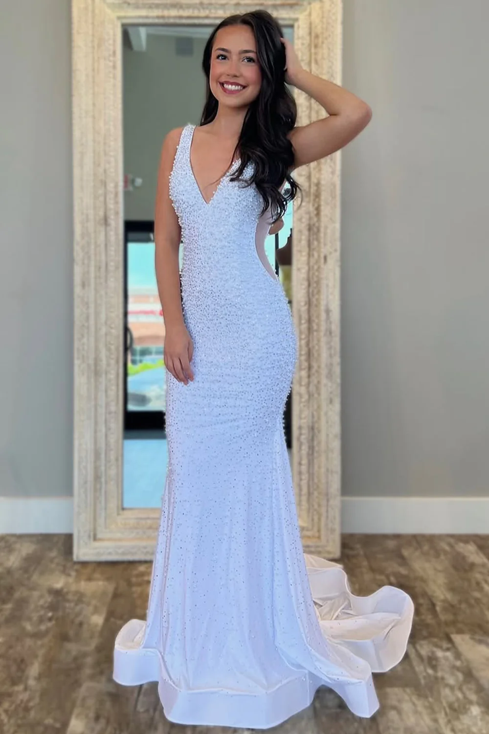 V-Neck Beaded Mermaid Prom Dress with Side Illusion - Image 4