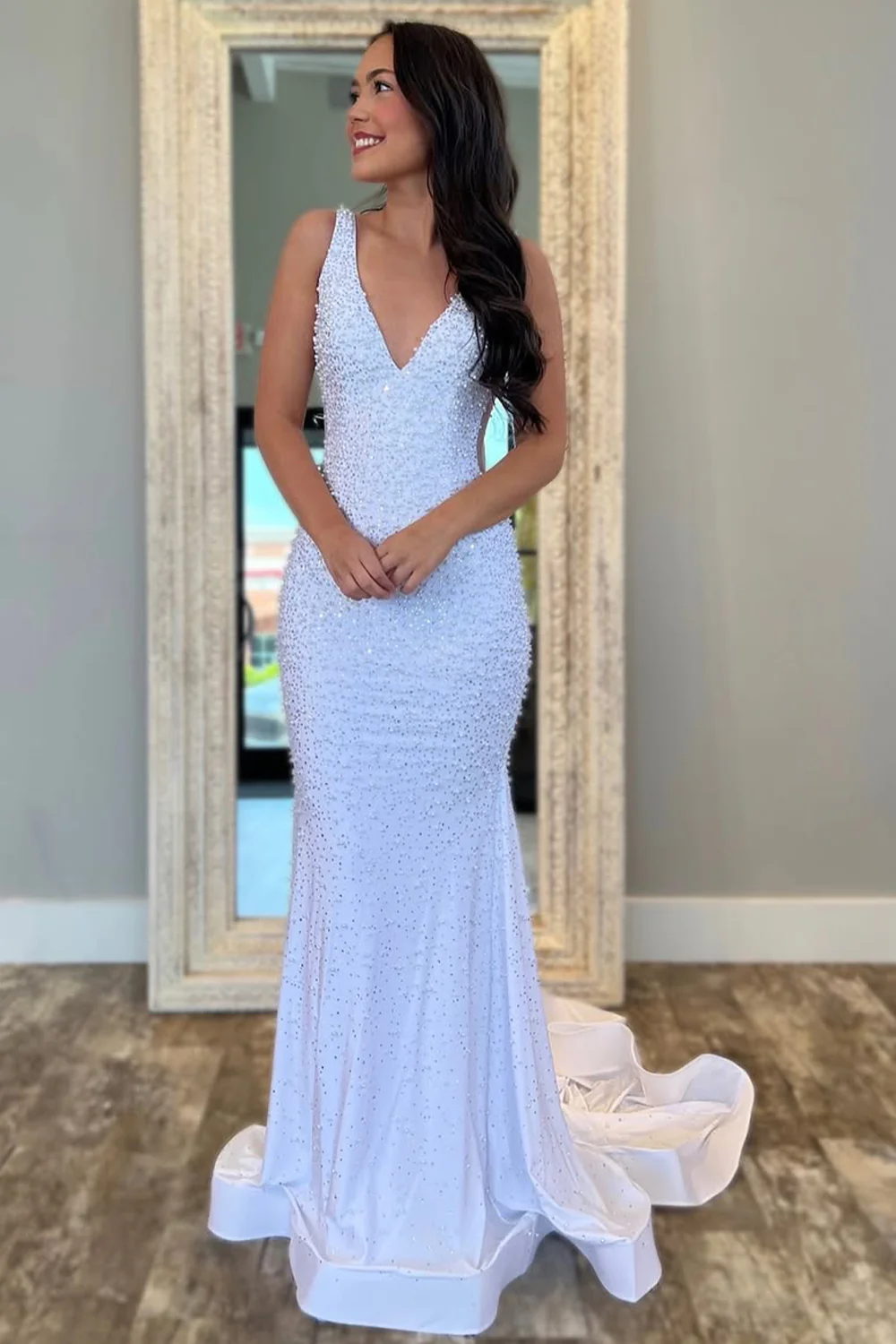 V-Neck Beaded Mermaid Prom Dress with Side Illusion - Image 5