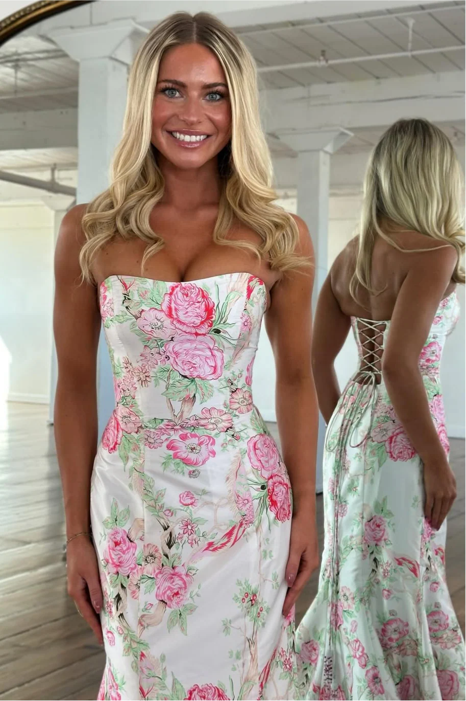 Vintage Inspired Floral Prom Dress with Strapless Bodice and Flowy Skirt - Image 16