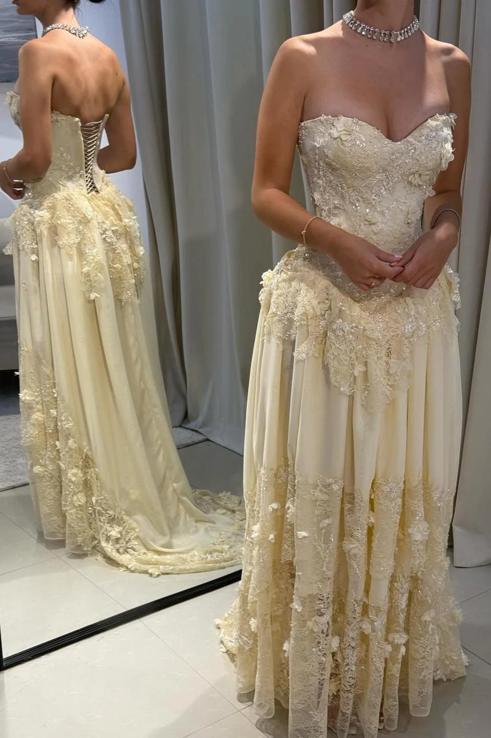 Vintage-Inspired Sweetheart Yellow Lace Prom Gown with Structured Bodice - Image 8