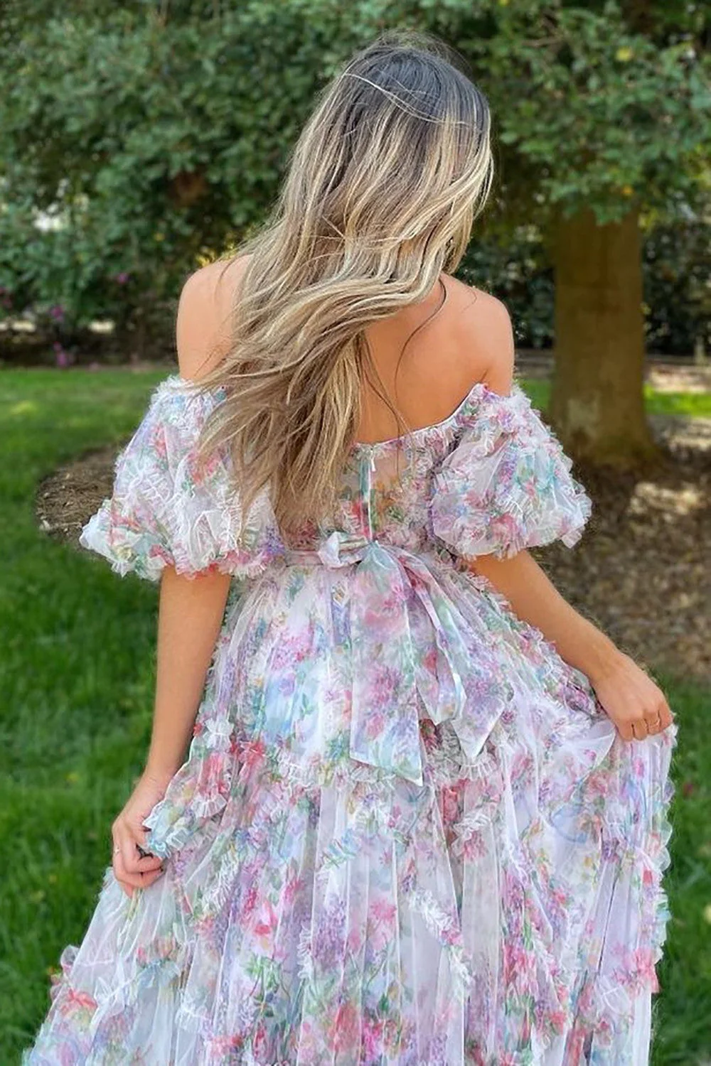 Whimsical Floral Tulle Off-The-Shoulder Dress with Belt for Formal Events - Image 11
