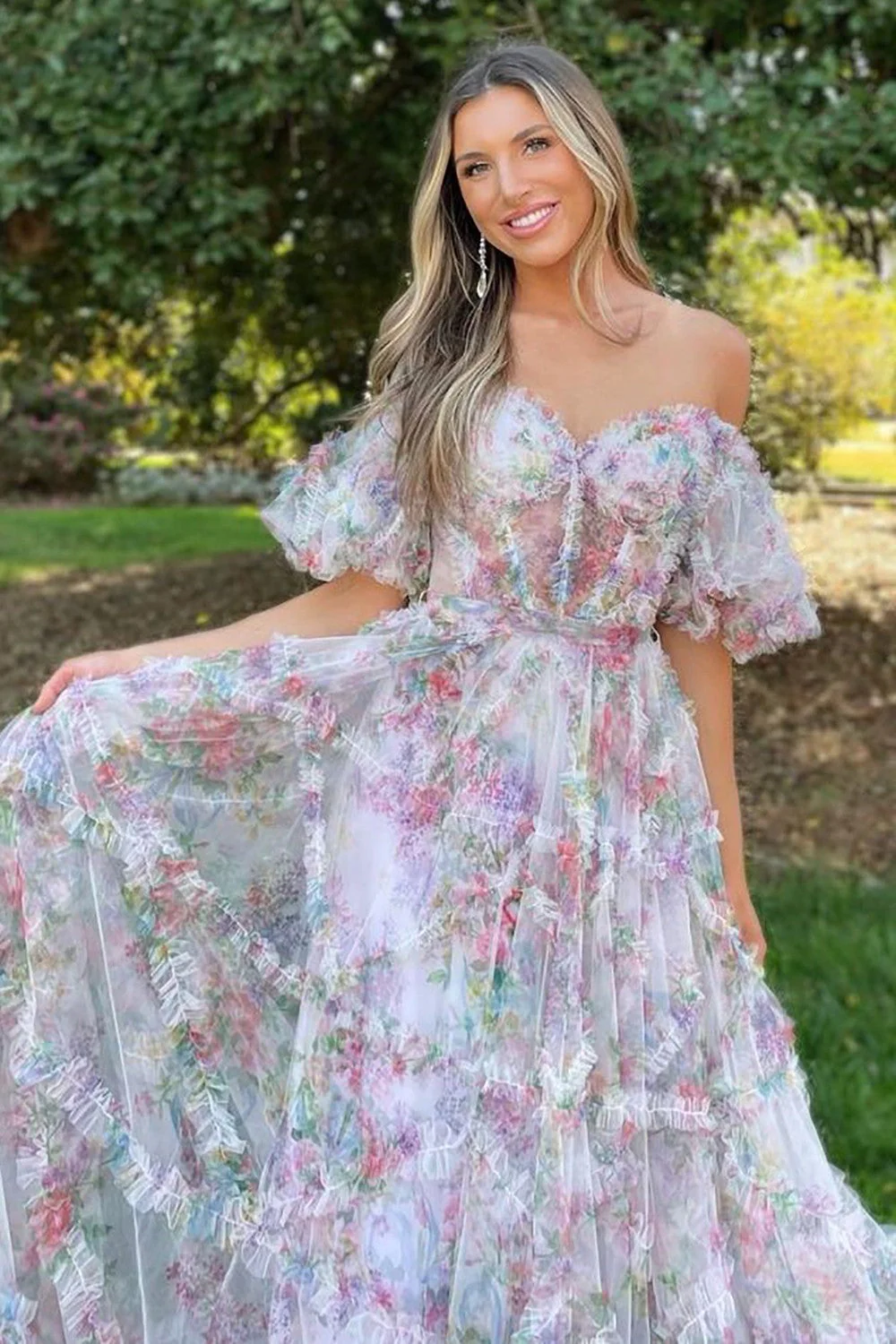 Whimsical Floral Tulle Off-The-Shoulder Dress with Belt for Formal Events - Image 12