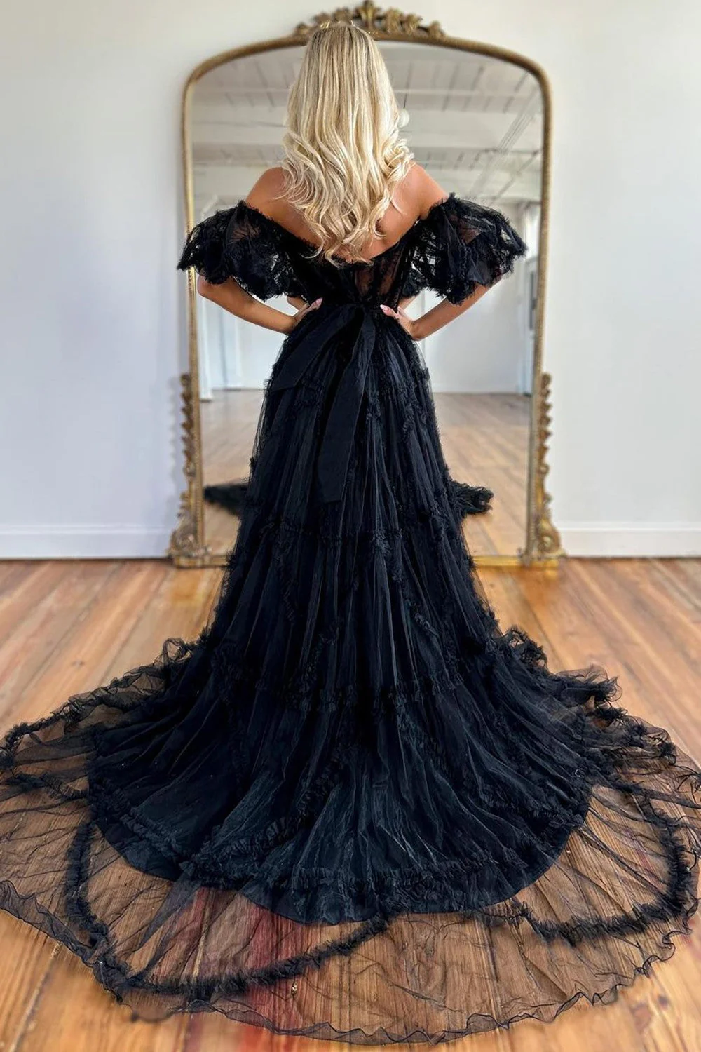 Whimsical Floral Tulle Off-The-Shoulder Dress with Belt for Formal Events - Image 6