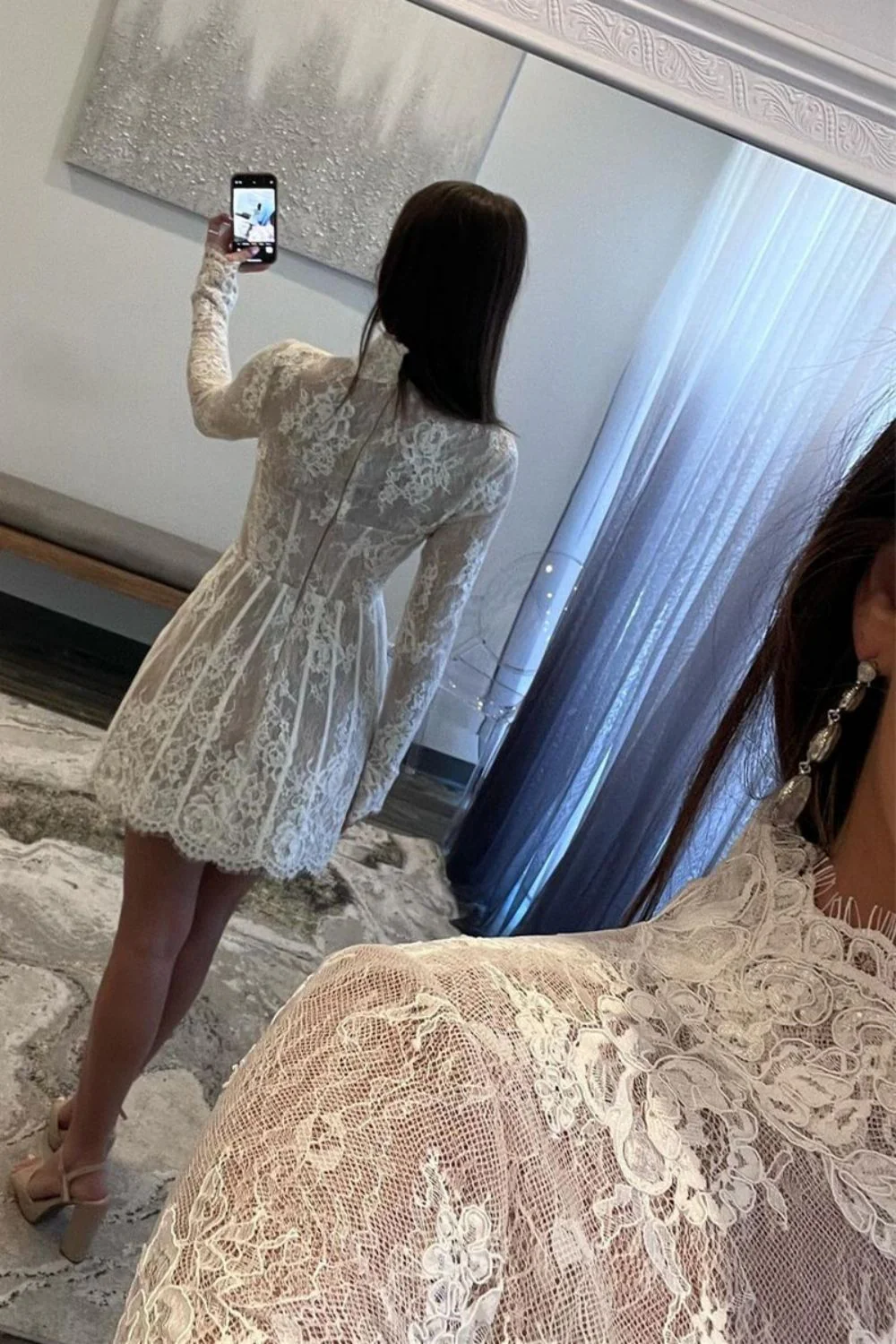 White Lace A-Line Homecoming Dress with High Neck and Long Sleeves - Image 4
