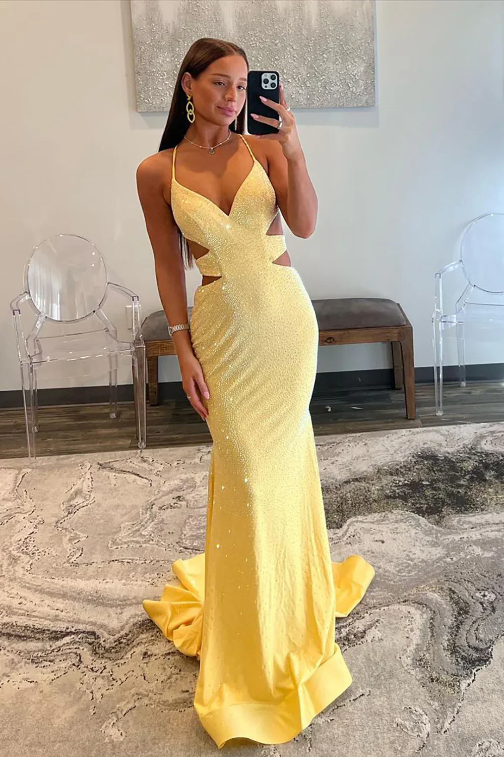 Yellow Mermaid Prom Dress with Cutout Waist Lace Up Corset and Beaded Details - Image 3