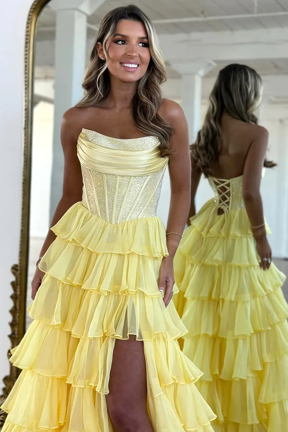 Yellow Strapless Corset A-Line Prom Dress with Layered Ruffle Skirt and Slit - Image 2