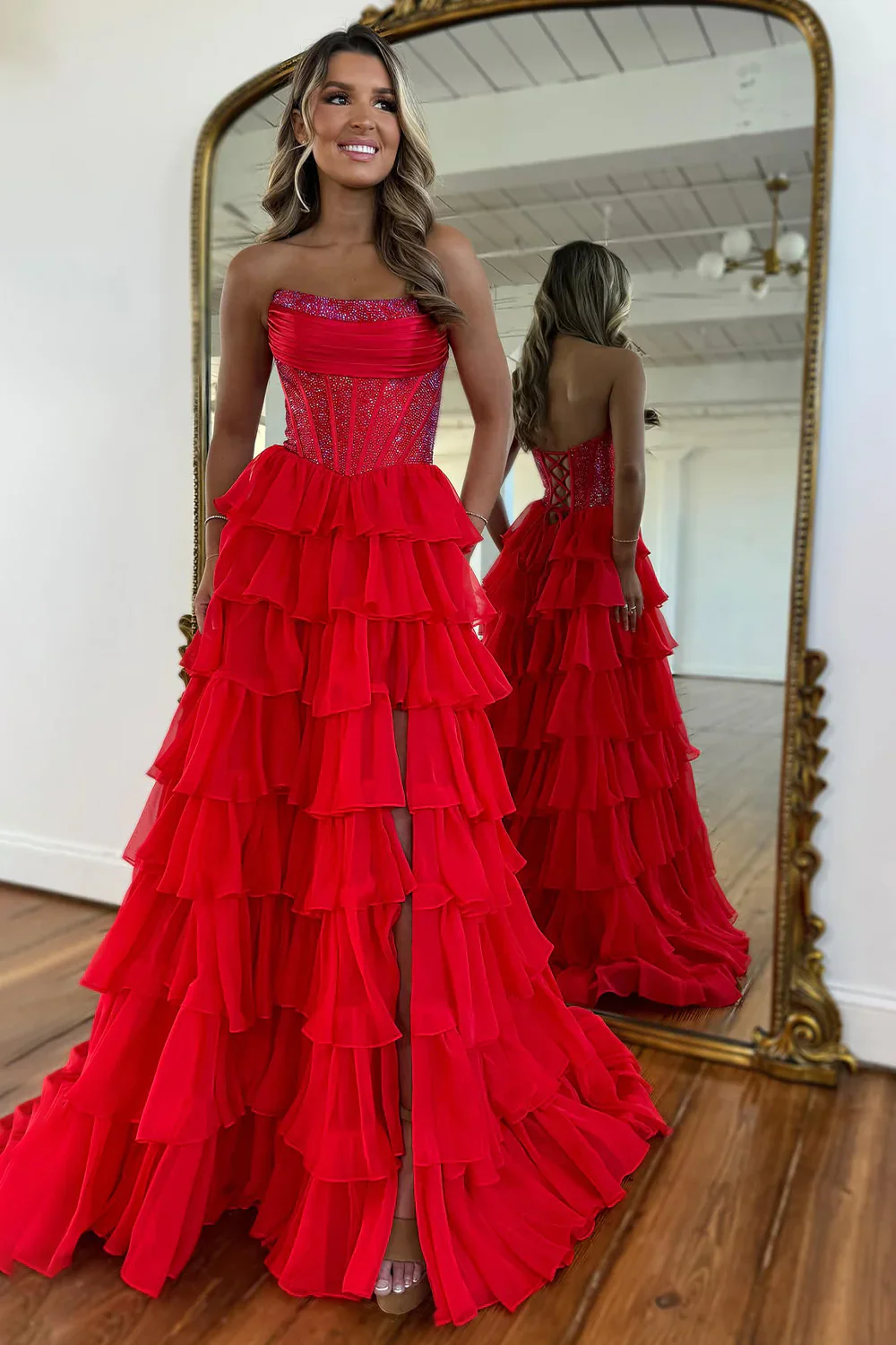 Yellow Strapless Corset A-Line Prom Dress with Layered Ruffle Skirt and Slit - Image 6