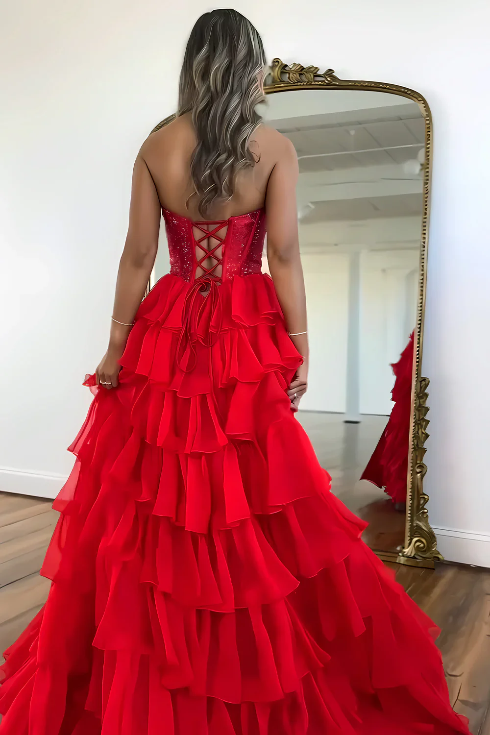 Yellow Strapless Corset A-Line Prom Dress with Layered Ruffle Skirt and Slit - Image 7