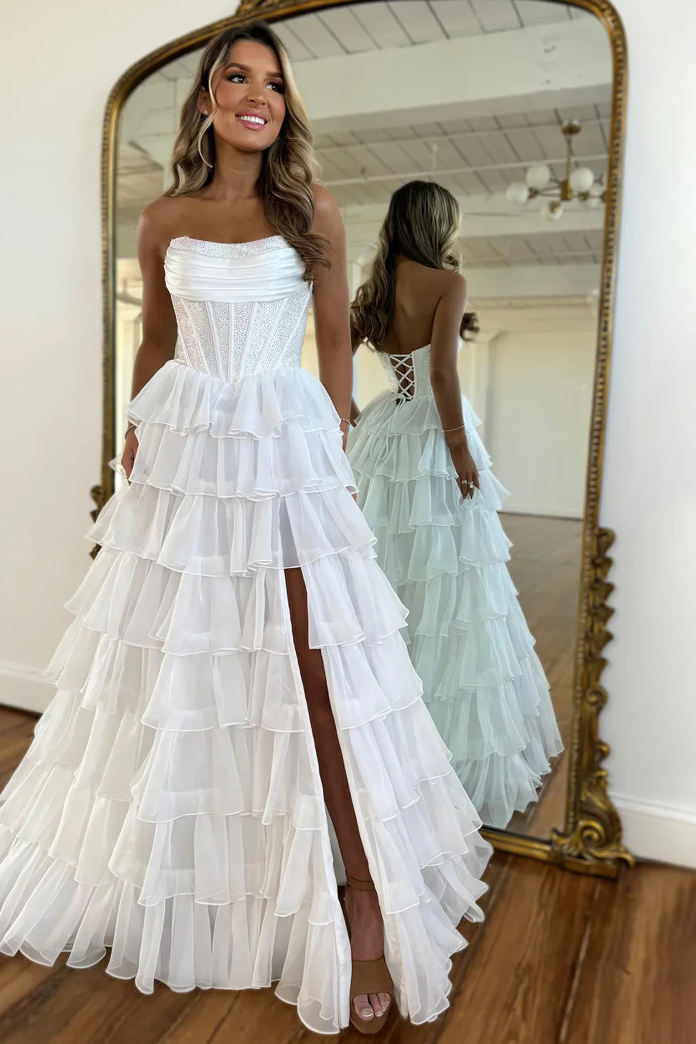 Yellow Strapless Corset A-Line Prom Dress with Layered Ruffle Skirt and Slit - Image 8