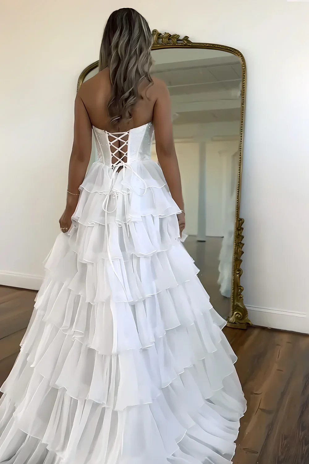 Yellow Strapless Corset A-Line Prom Dress with Layered Ruffle Skirt and Slit - Image 9