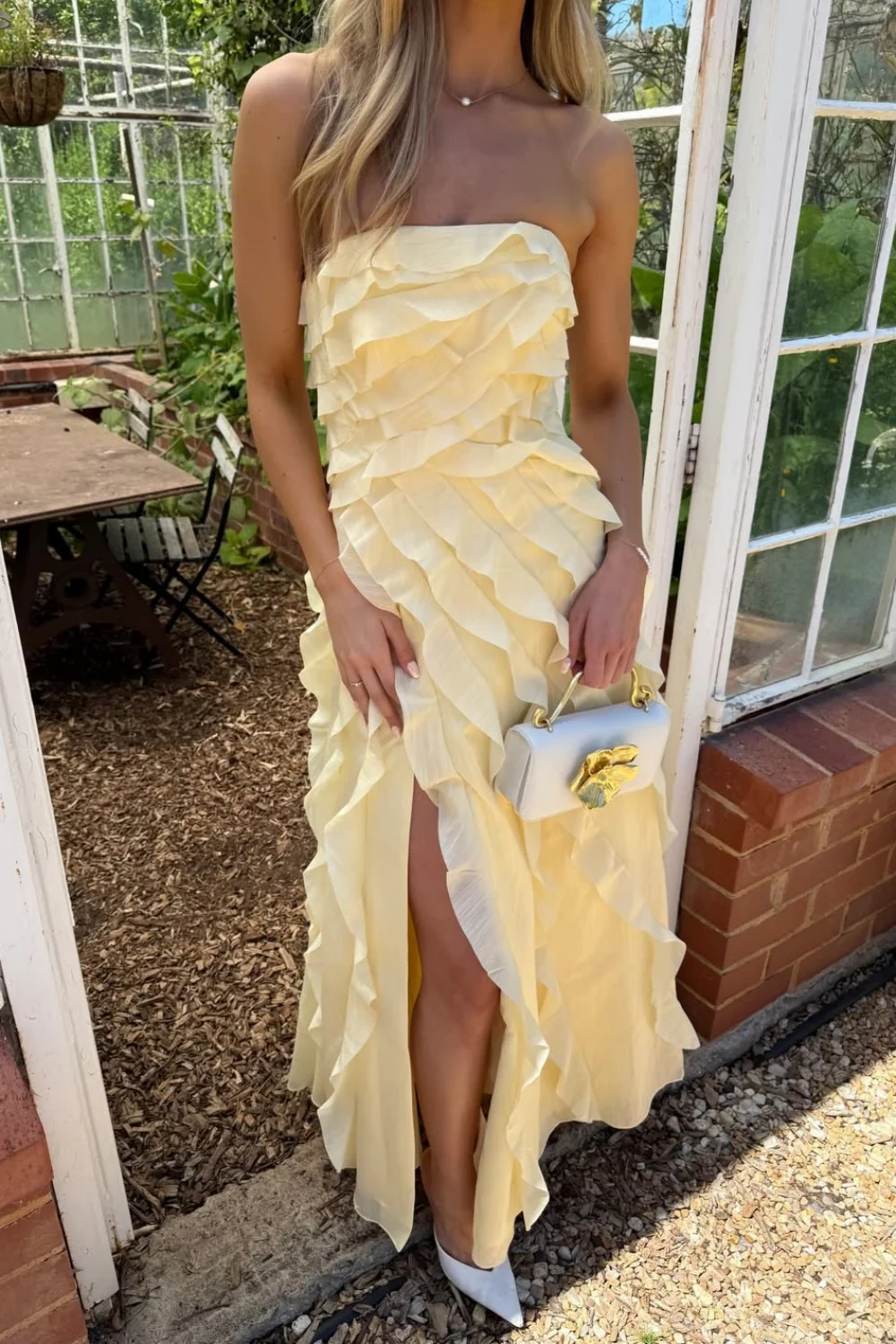 Yellow Strapless Ruffle Chiffon High Slit Long Prom Dress - Image 3