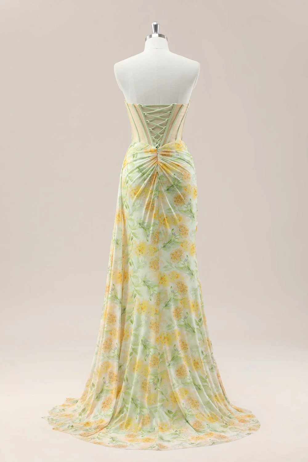 Yellow Sweetheart Ruched Mermaid Gown with Glitter Floral Pattern and High Slit - Image 2