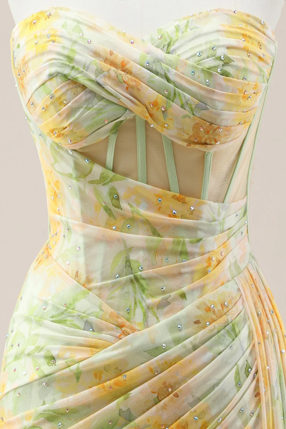 Yellow Sweetheart Ruched Mermaid Gown with Glitter Floral Pattern and High Slit - Image 7